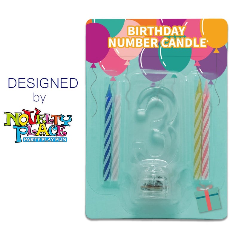 Novelty Place Birthday Number Candle Set, Flashing Multicolor Changing LED Birthday Cake Topper with 4 Wax Candles (Number 3) - Image 2